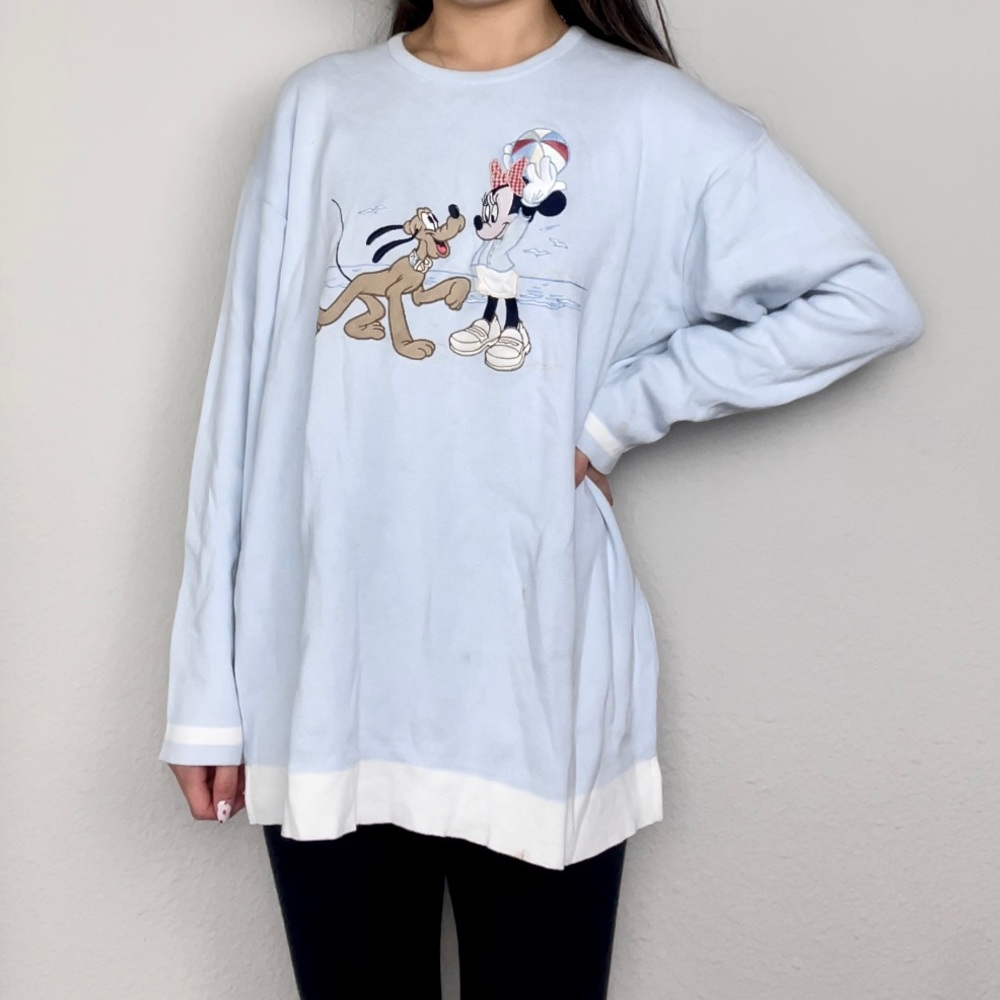 Light Blue Minnie Mouse & Pluto Embroidered Long-Sleeve Crew-Neck Sweater